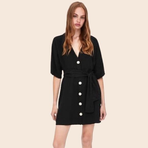 Zara Black Linen / Lyocell Mini Buttonfront Dress with Waist Tie Size XS - Picture 1 of 11